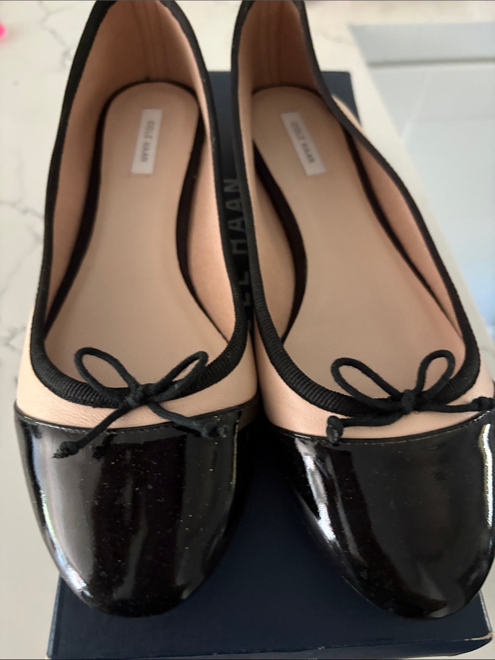 Cole Haan Blush Leather Flats with Black Patent Toe